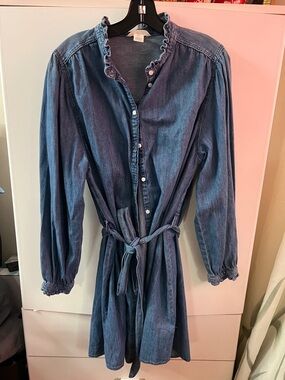 Denim Button-Front Tie-Waist Dress - Blue